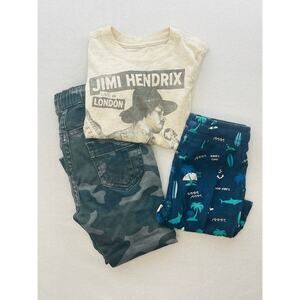 Boys Bundle Jimi Hendrix Tee, Beach Theme Shorts & Camouflage Joggers 3-4 Years